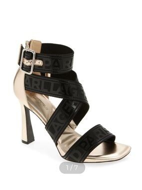 Karl Lagerfeld Careliz Black Gold Logo Strap High Heel Sandals Size 5 MSRP $140